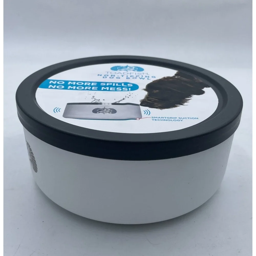 Toadfish Non-Tipping Dog Bowl White Stainless Steel 8 Cups Smartgrip Suction Lid